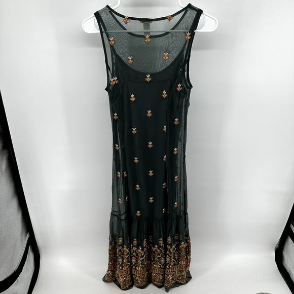 Sundance Jeweled Dreams Dress Midi Tank Slip Embroidered Side Zip Green XS - Picture 5 of 5
